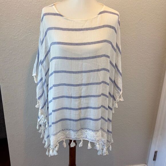Chicos striped blue/white tassel trim poncho/kimono shirt/top cover up L/XL - Picture 3 of 7